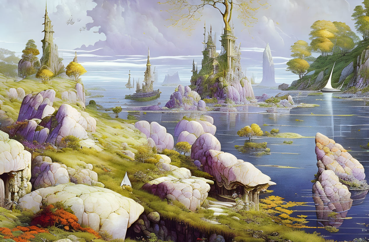 Majestic castles, serene lake, sailing ships, vibrant flora in fantasy landscape