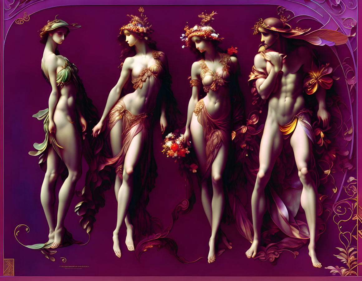 Art Nouveau Style Illustration: Four Ethereal Women in Floral Wreaths on Purple Background