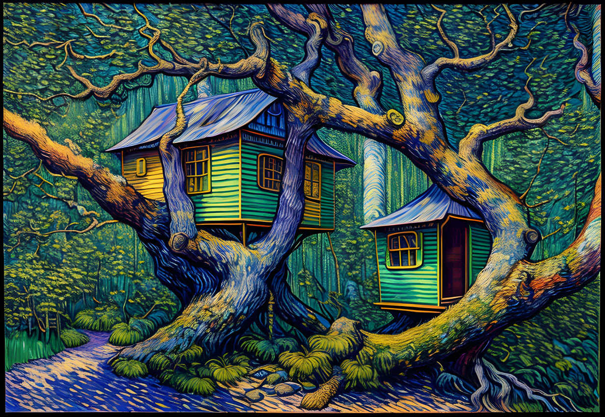 Colorful Treehouse Scene in Twisting Tree with Forest Background