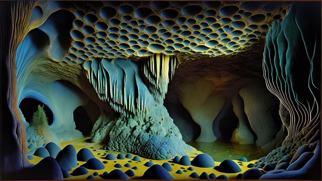 Intricate cave-like artwork with honeycomb structures, stalactites, and wavy floors in