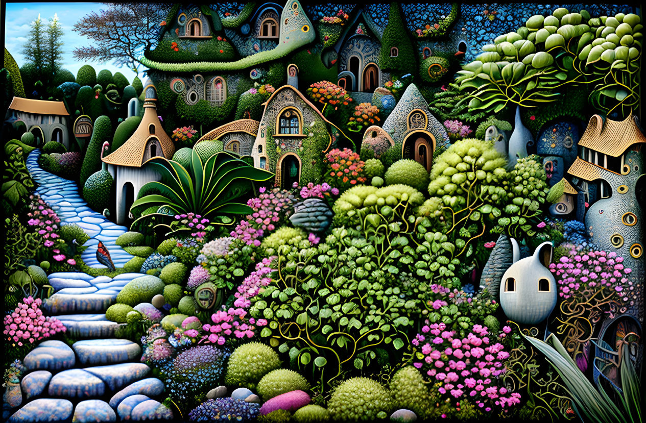 Detailed painting of vibrant mushroom village with lush flora