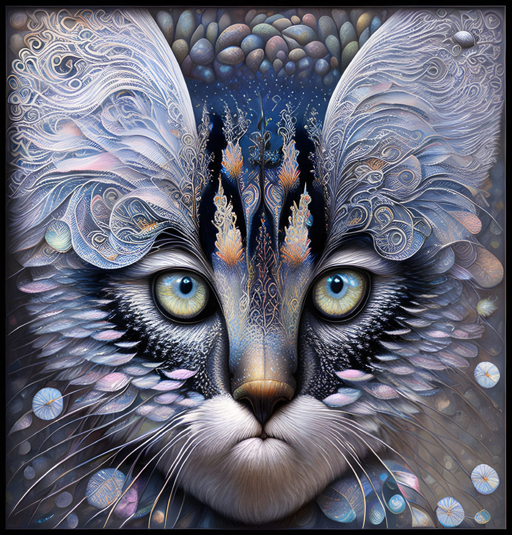 Colorful Cat Artwork with Intricate Patterns on Dark Background