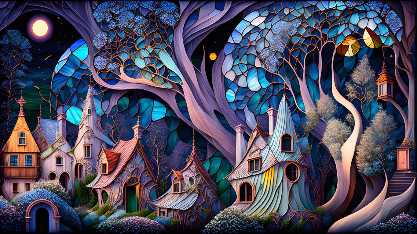 Colorful fairy tale village with stylized houses under starry sky