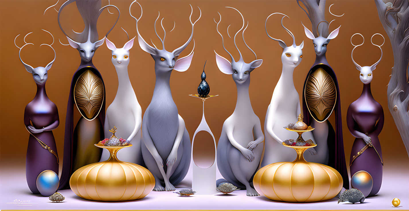 Symmetrical surreal digital art featuring deer-like creatures and ornamental objects