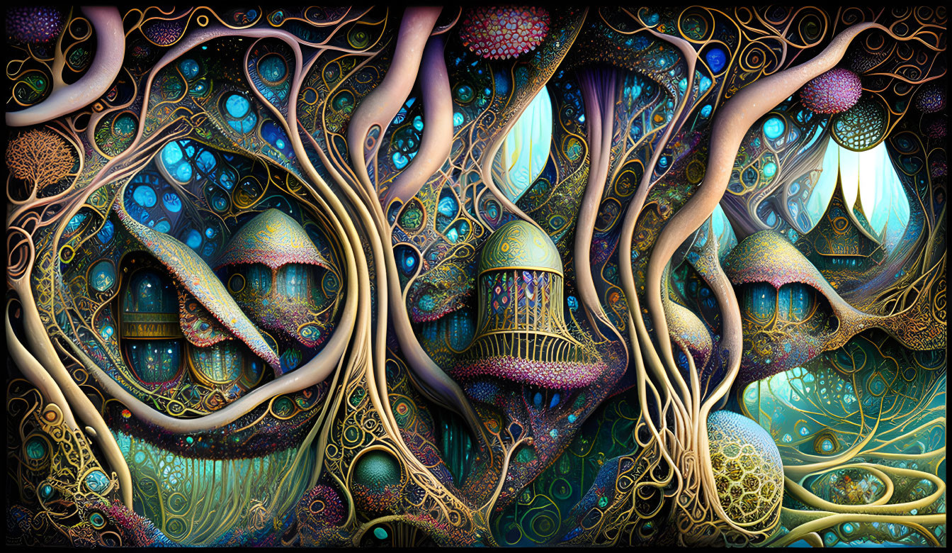 Colorful fantasy landscape with whimsical trees and organic structures