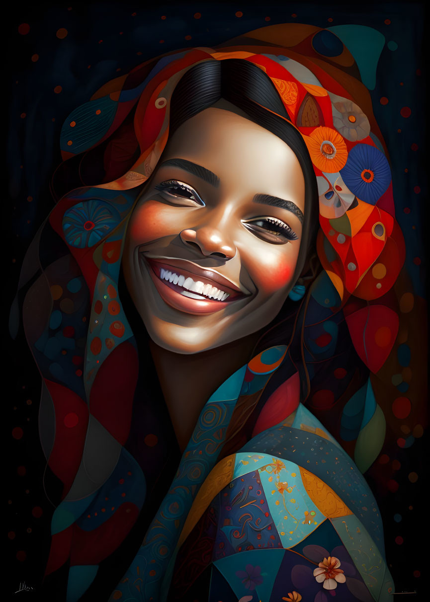 Colorful digital portrait of smiling woman in headscarf and patterned garment