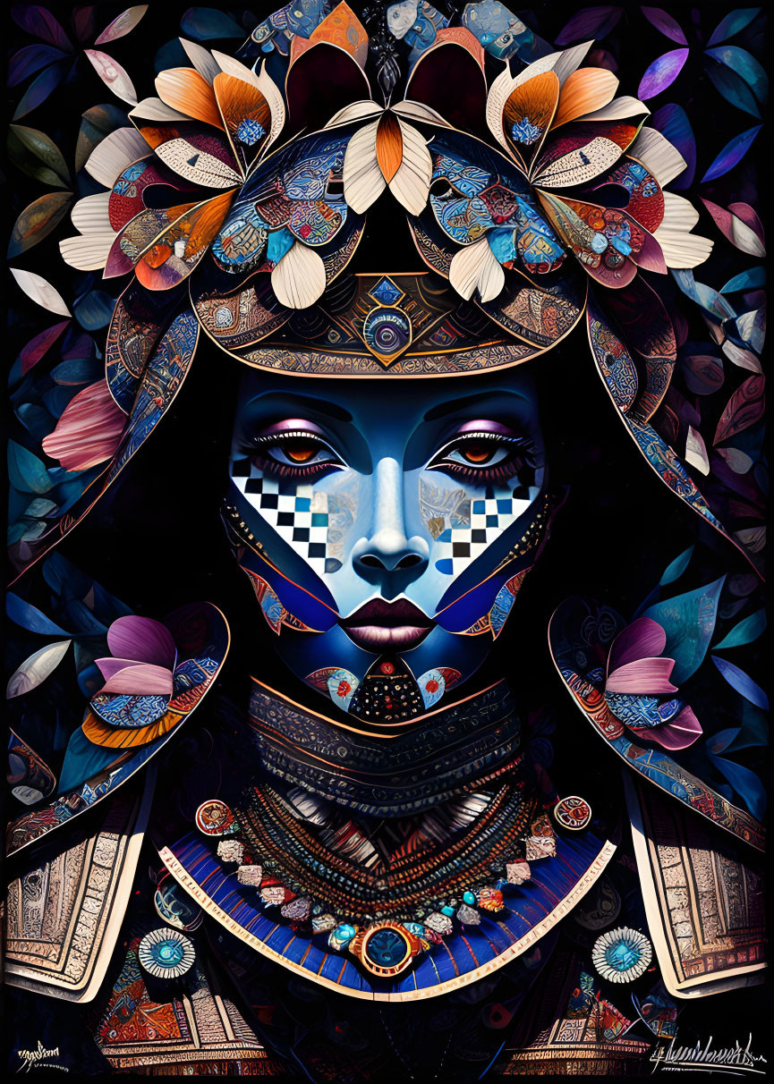 Stylized digital artwork: Blue-skinned woman with floral headdress