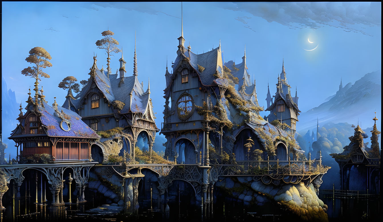 Fantasy castle with pointed rooftops by calm lake at night