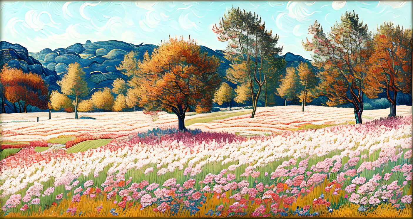 Colorful Meadow and Autumn Trees in Vibrant Landscape Painting