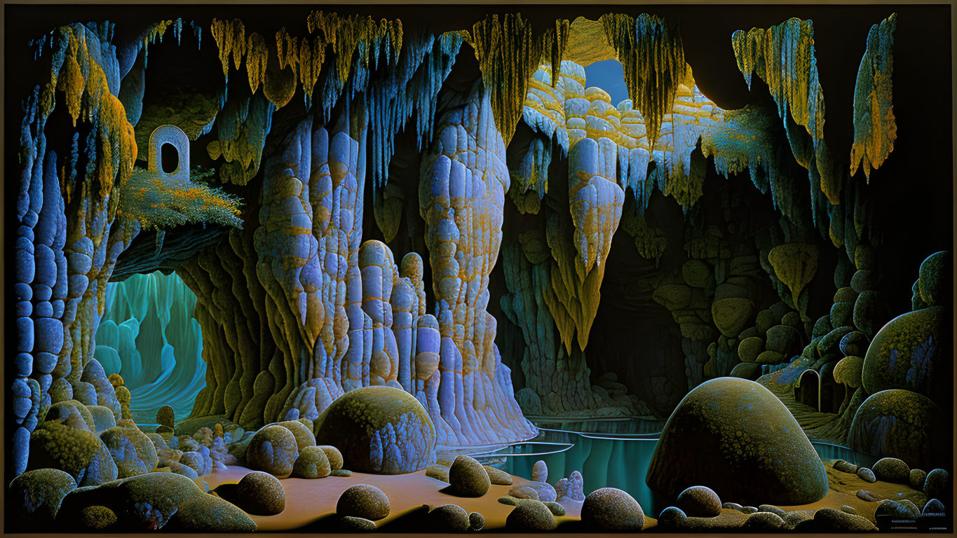 Ethereal digital artwork of cave with stalactites and stalagmites around tranquil turquoise lake