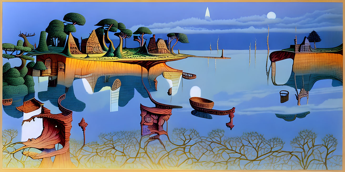 Whimsical landscape painting: Floating islands, vibrant trees, traditional buildings, day-night reflections.