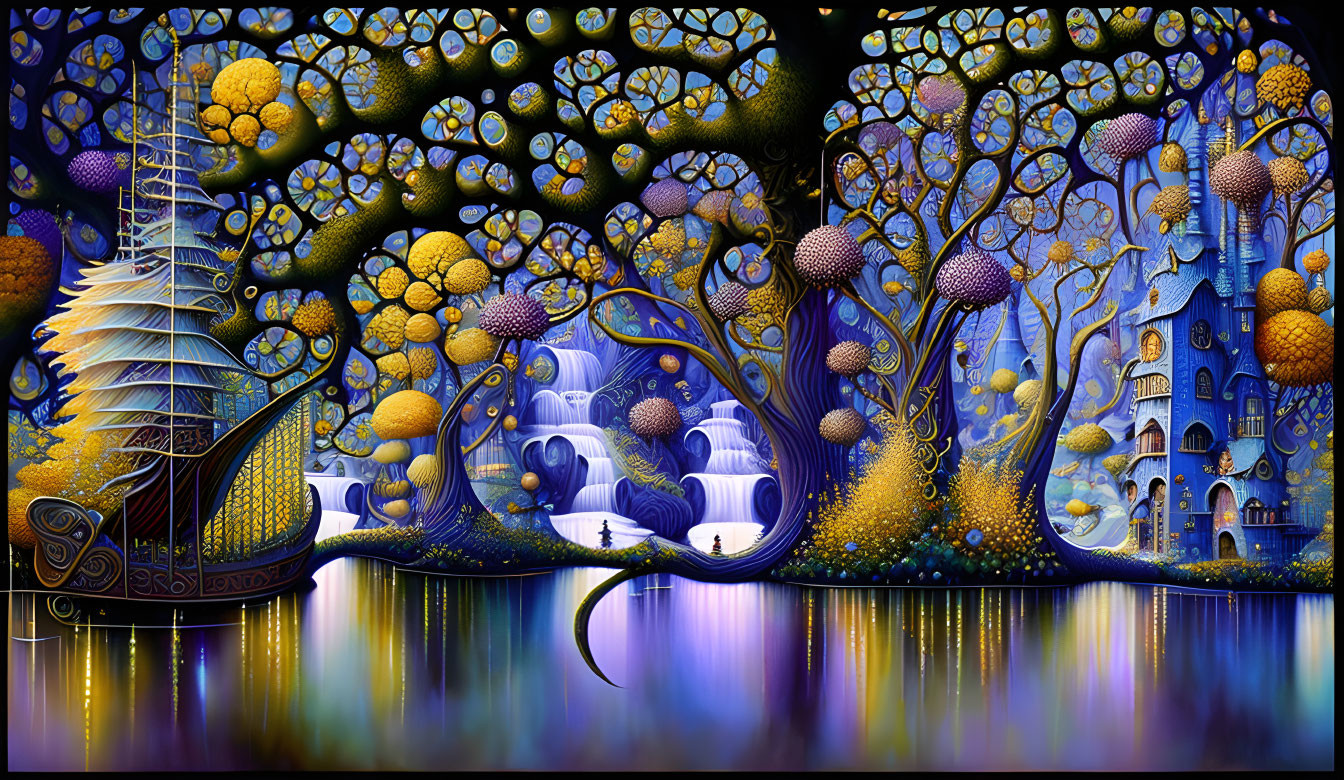 Fantastical landscape with whimsical trees, golden ship, blue lake, starry sky