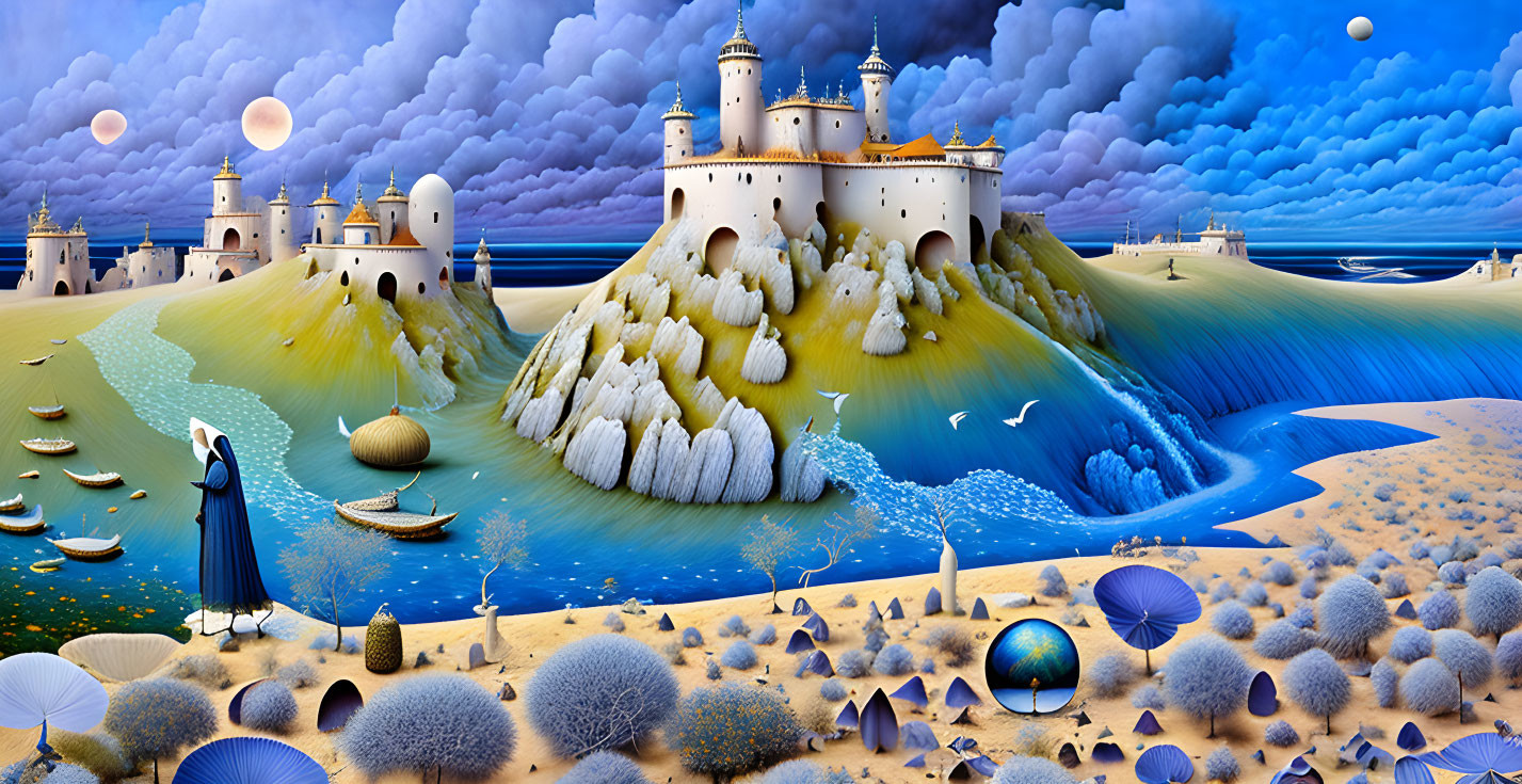 Fantastical landscape with castle, waterfalls, cloaked figure, moons.