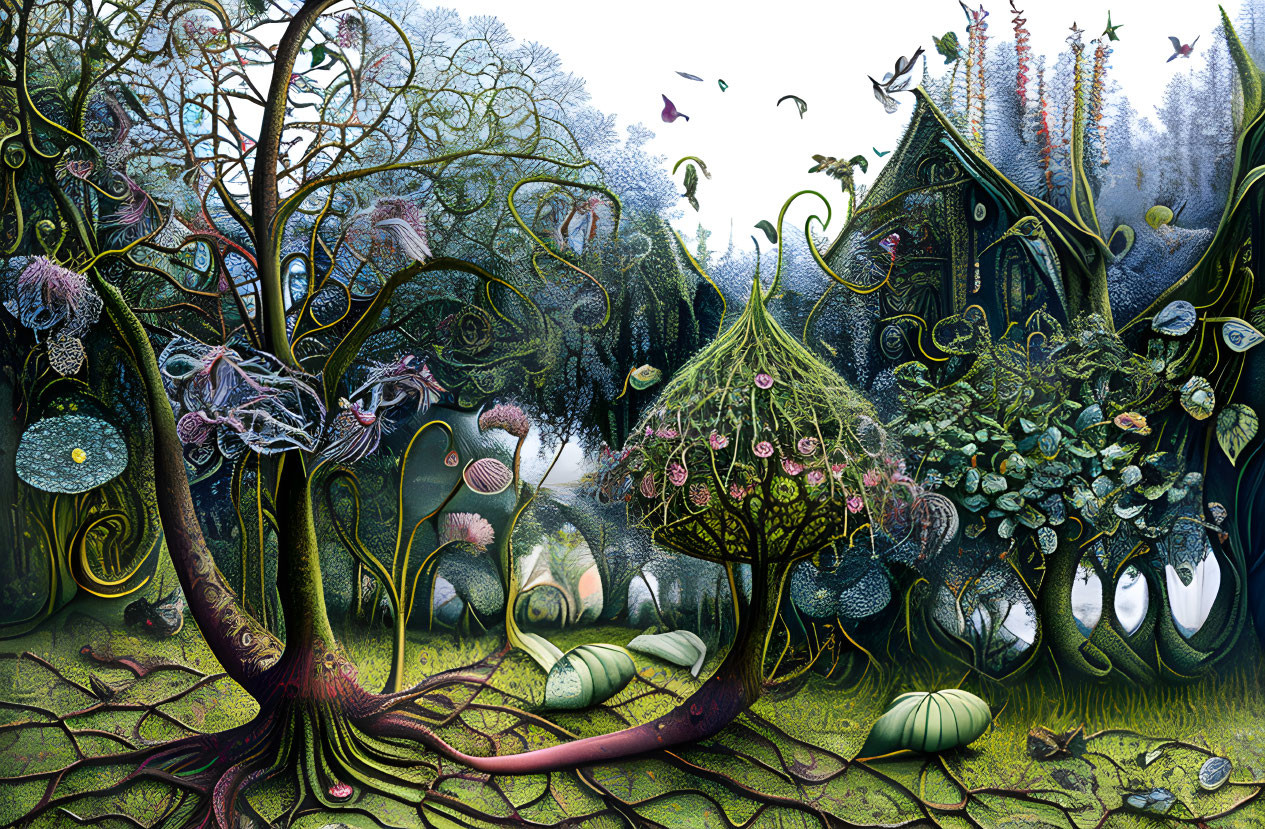 Enchanting forest scene with intricate trees and flying creatures