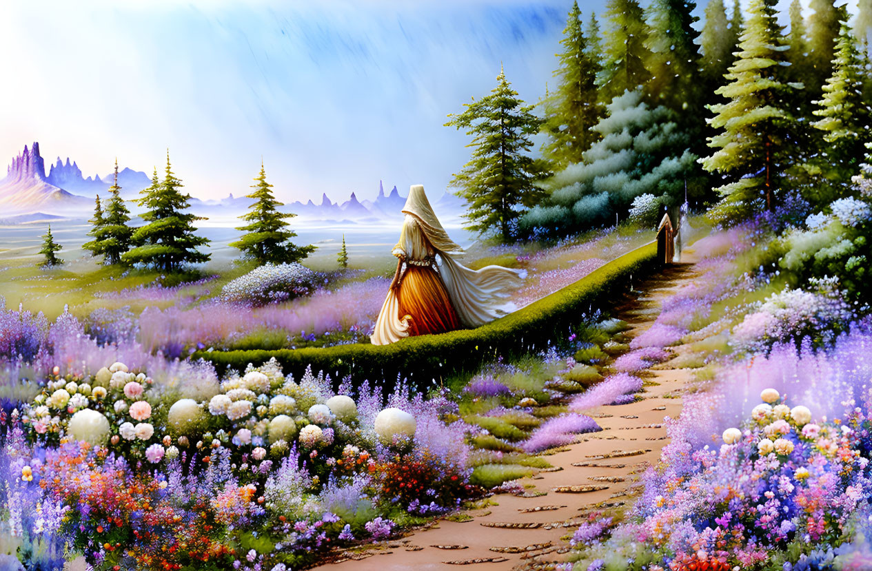 Colorful fantasy painting: Woman in flowing dress in vibrant forest