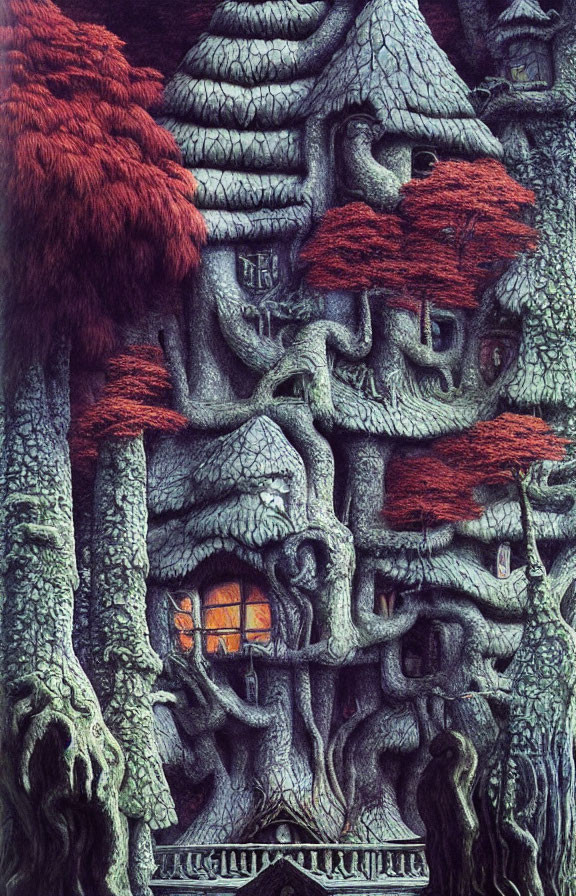 Detailed drawing of whimsical treehouse with red foliage and glowing window