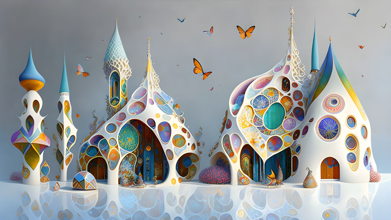 Colorful Fantasy Landscape with Whimsical Buildings & Butterflies