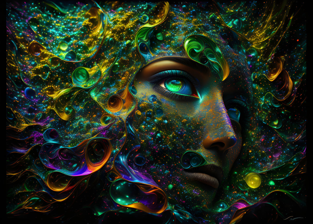 Digital Artwork: Woman's Face with Vibrant Green Eye and Cosmic Patterns