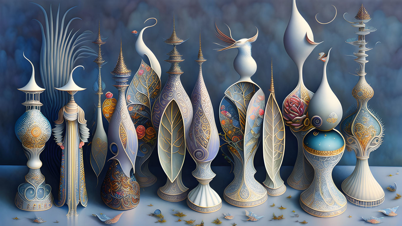 Abstract surreal artwork: ornate birdlike figures, vases, intricate patterns, cool color palette