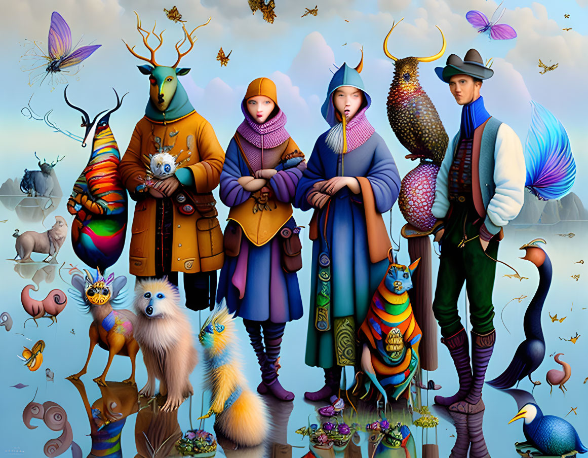 Surreal illustration of animal-headed characters and whimsical creatures