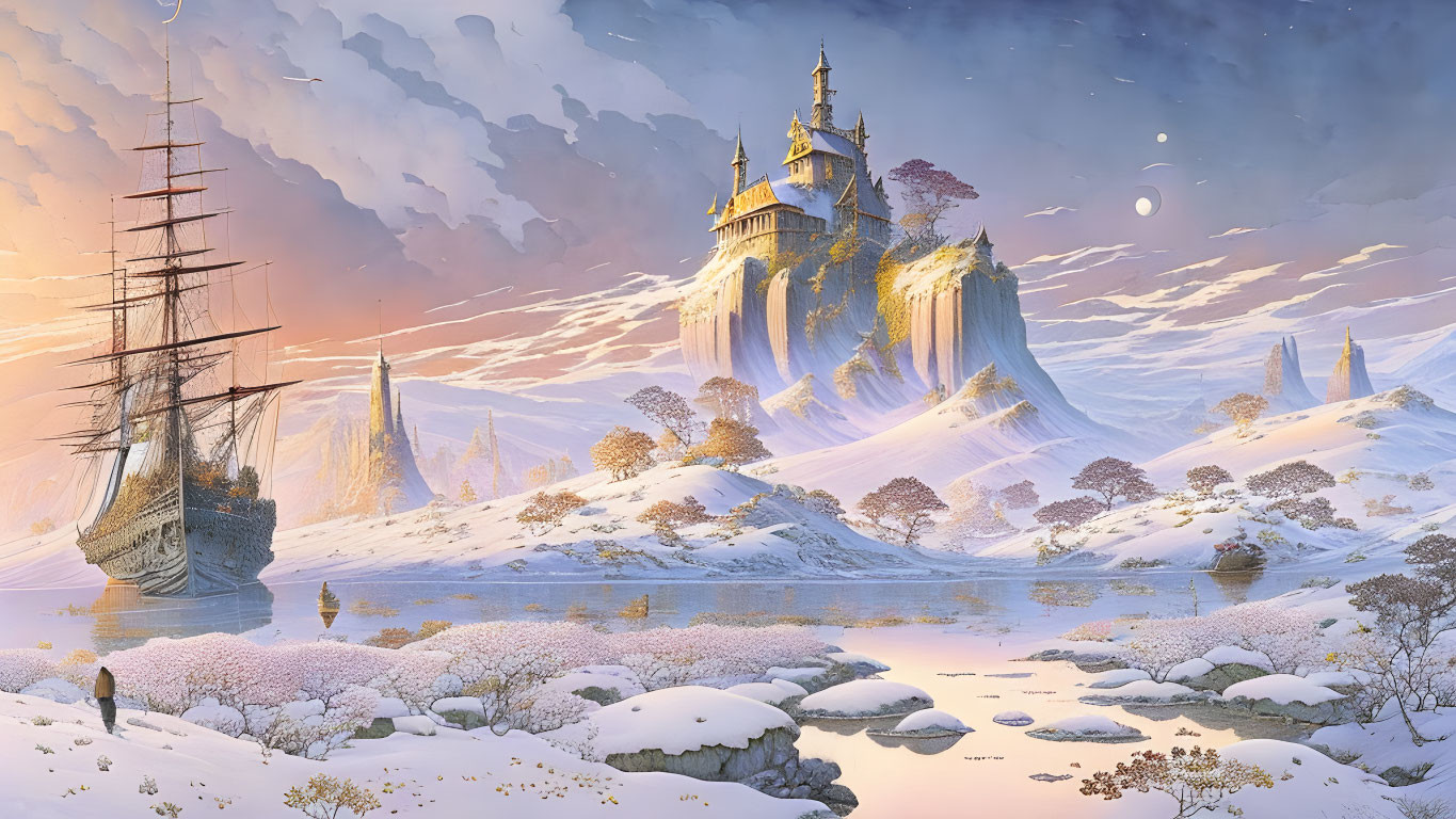 Majestic castle on cliff in serene wintry landscape