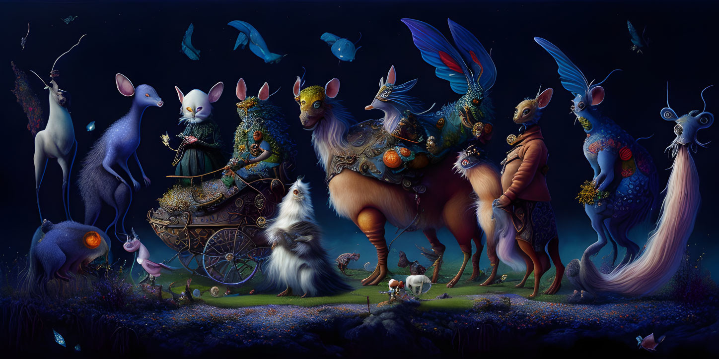 Fantasy creatures and floating fish in a whimsical night sky