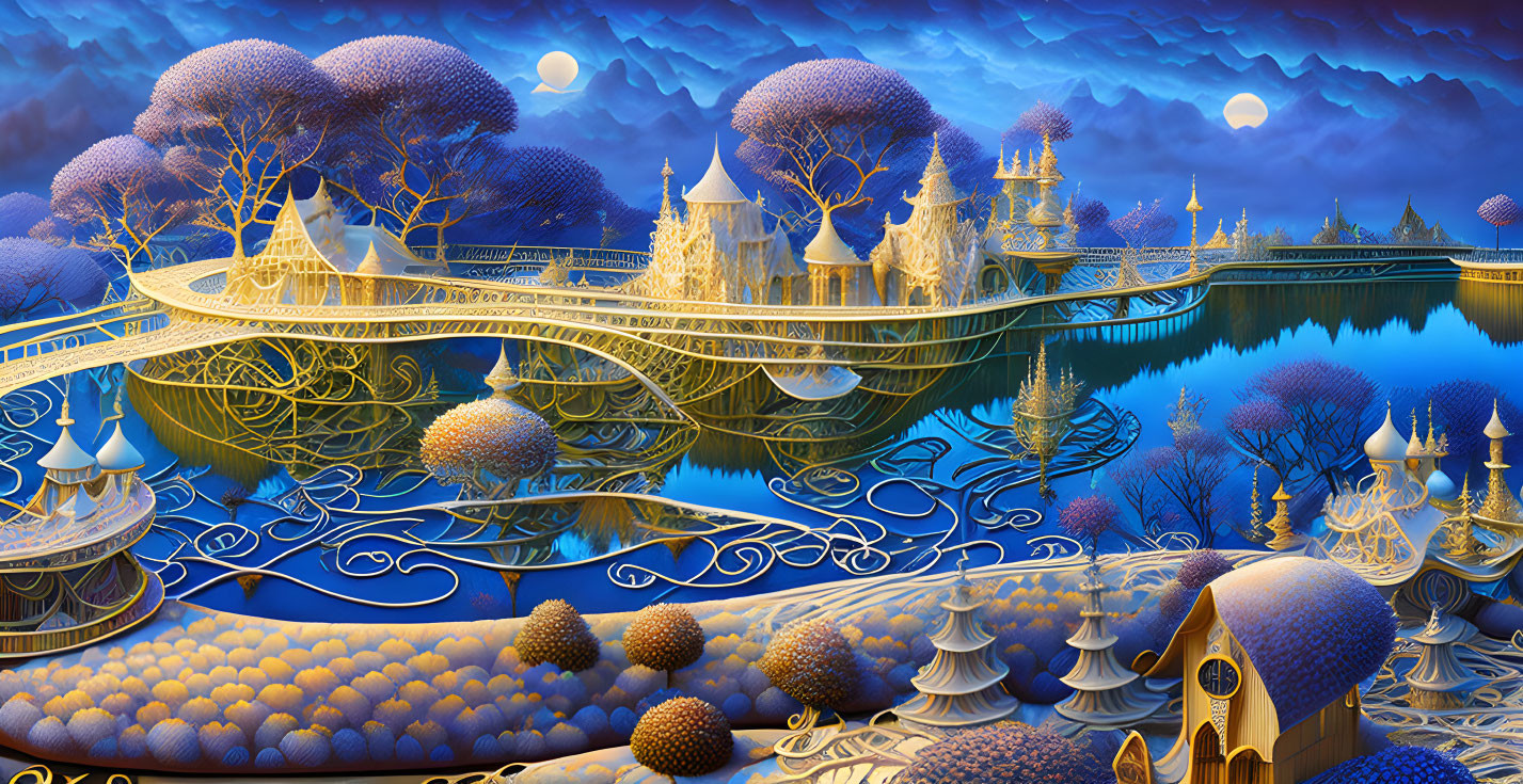 Fantastical night landscape with golden bridges, whimsical trees, and glowing buildings under twin moons