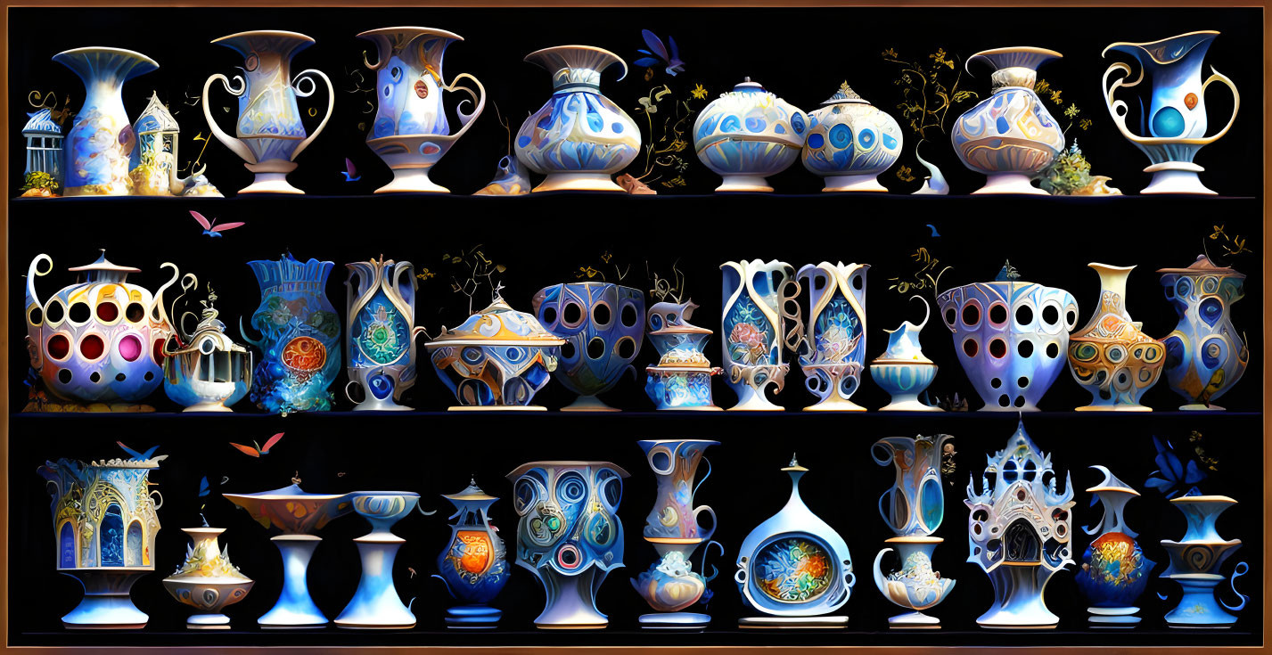 Intricately designed ornate vases with diverse shapes, rich patterns, and golden accents on