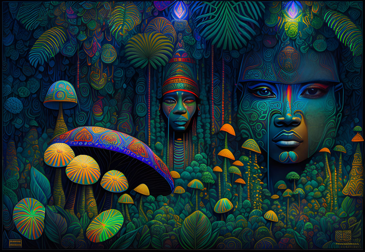 Colorful psychedelic artwork: Two faces in mushroom forest