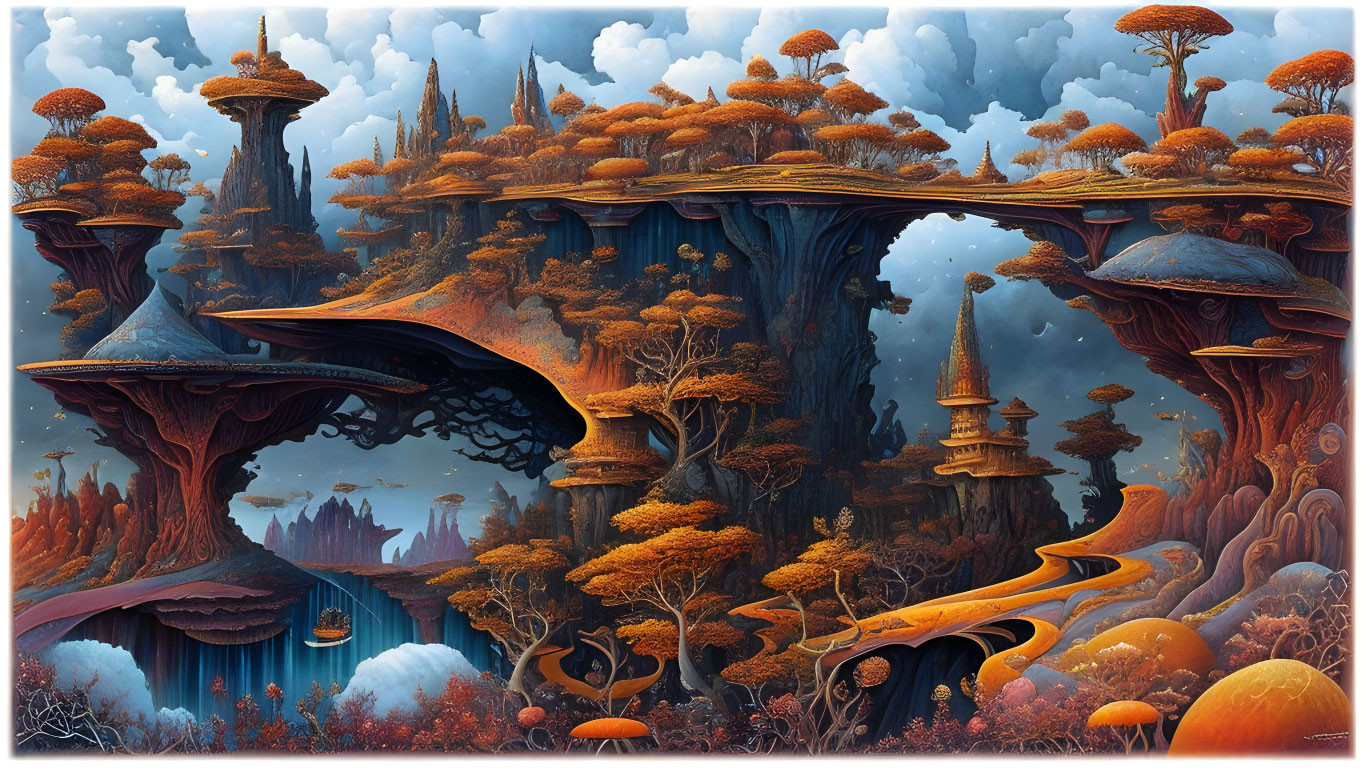 Fantastical landscape with towering mushroom structures and autumn-colored trees