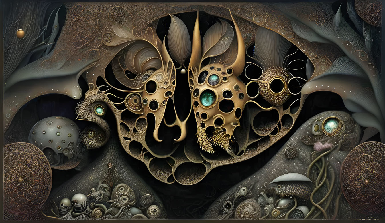 Organic biomechanical surreal art with intricate patterns and eyes.