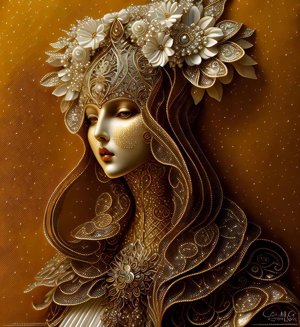 Detailed Illustration: Woman with Golden Headdress on Amber Background