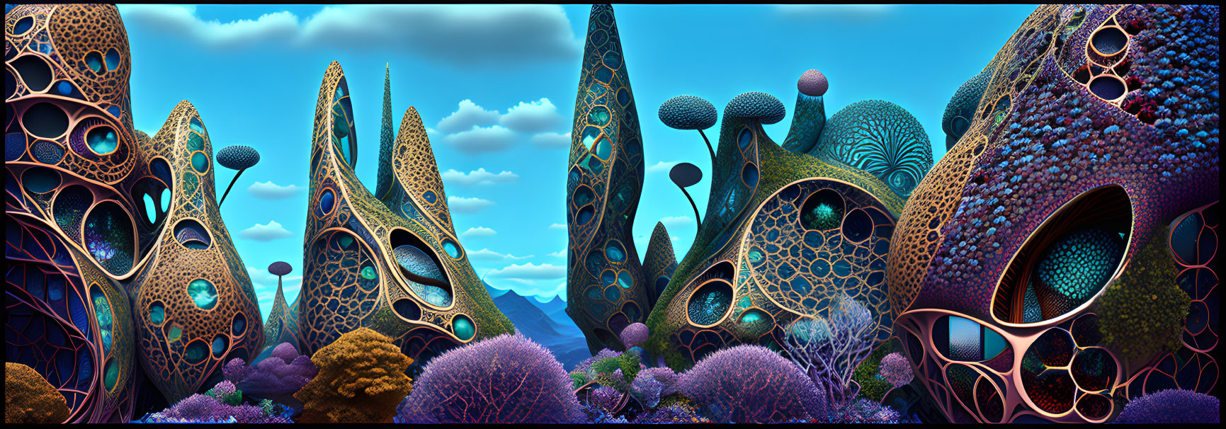 Alien landscape digital artwork with organic structures and fantastical plants