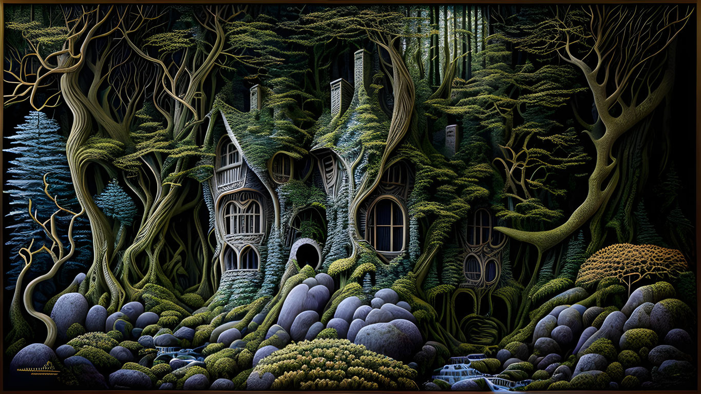 Detailed mystical forest scene with whimsical fairy-tale houses nestled among intricate trees.