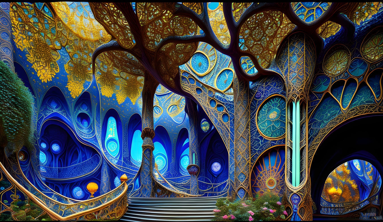 Colorful digital artwork of a fantastical tree with golden patterns and whimsical architecture