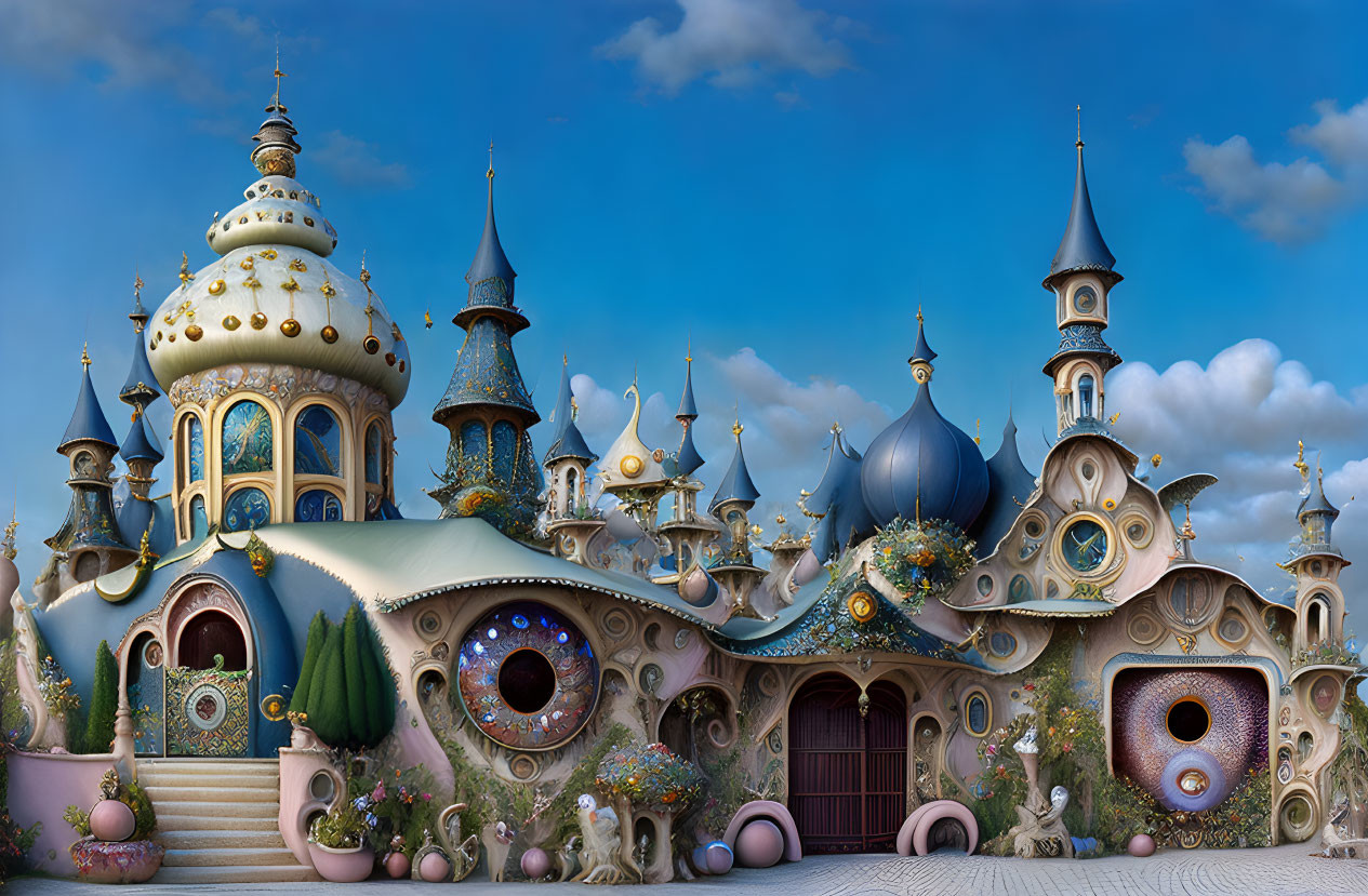 Ornate fairy tale castle with golden domes and intricate designs