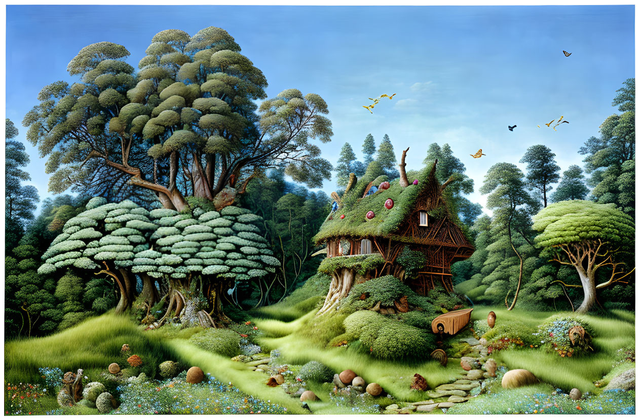 Whimsical forest painting with oversized trees and grass-roofed house