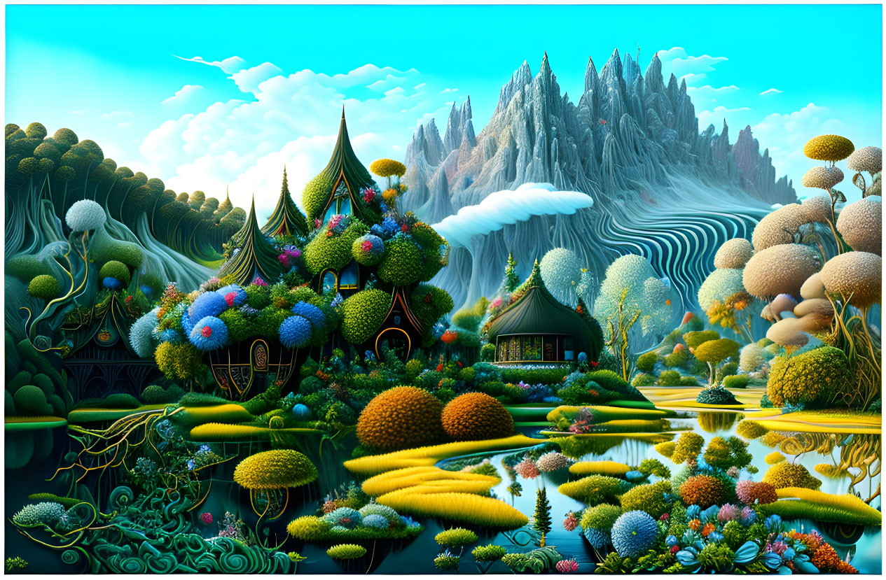 Fantastical landscape with whimsical houses, lush greenery, and serene water