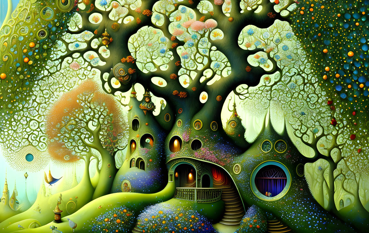 Colorful whimsical landscape with swirling trees and round structures