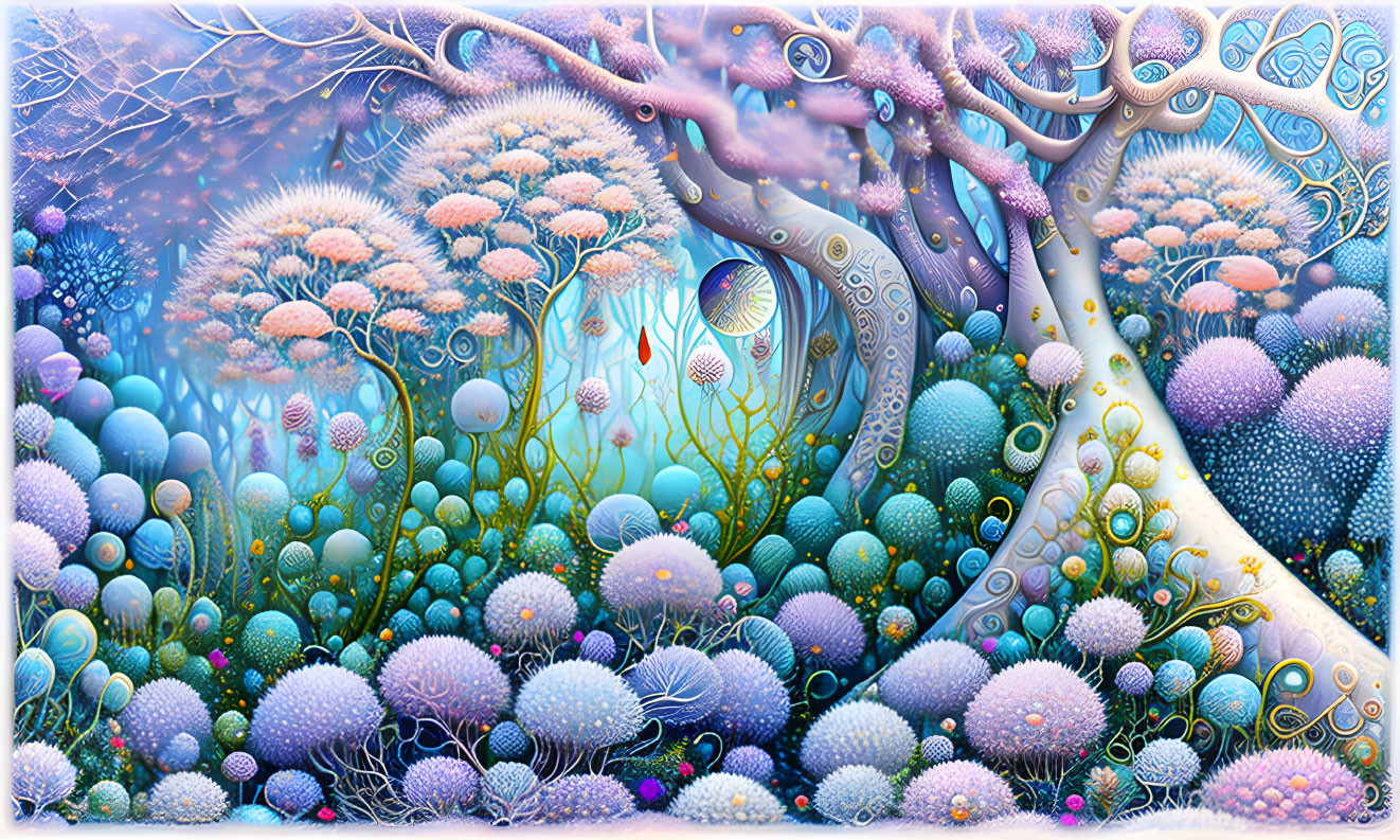 Fantasy landscape with whimsical trees and glowing orbs