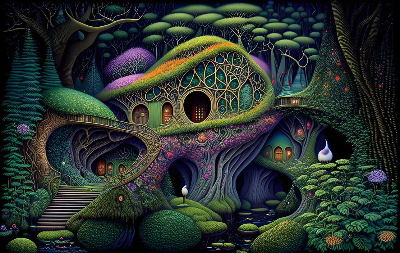 Colorful forest scene with whimsical treehouses and glowing flora