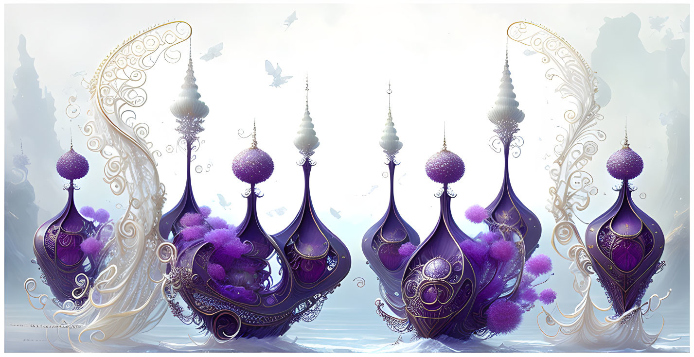 Fantasy artwork: Stylized purple tree-like structures in misty blue setting.