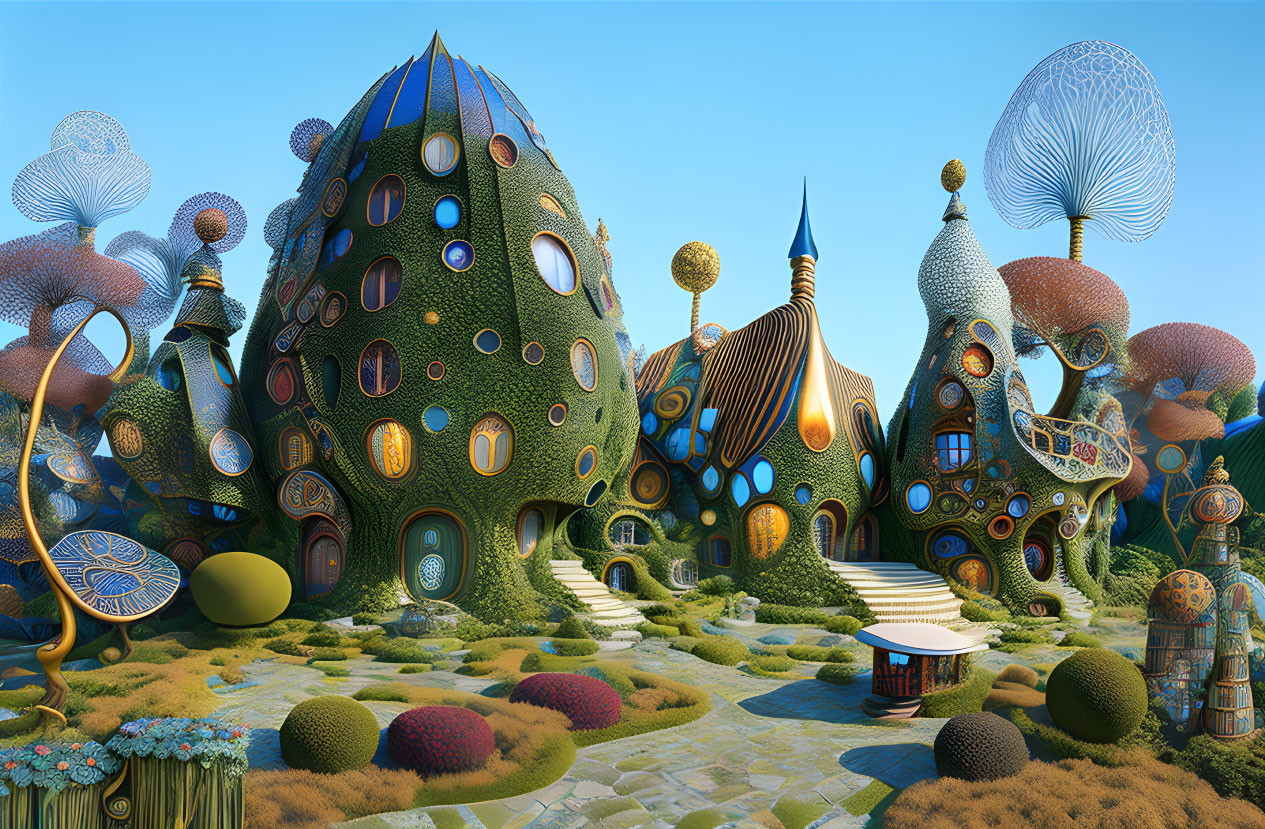 Colorful Mushroom-Like Buildings in Fantastical Landscape