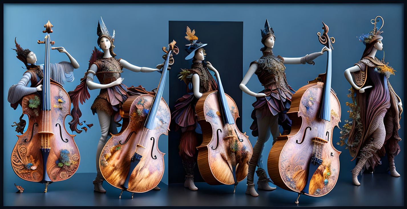 Anthropomorphic cellos in unique armor and headdresses on blue background