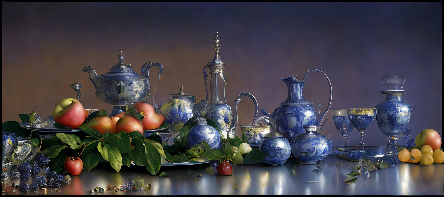 Blue and White Porcelain Tableware with Fruits and Green Leaves on Tabletop