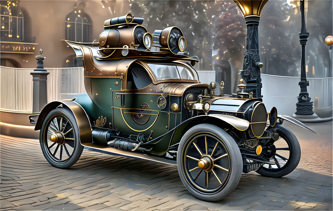 Vintage Steampunk-Style Car on Cobblestone Street