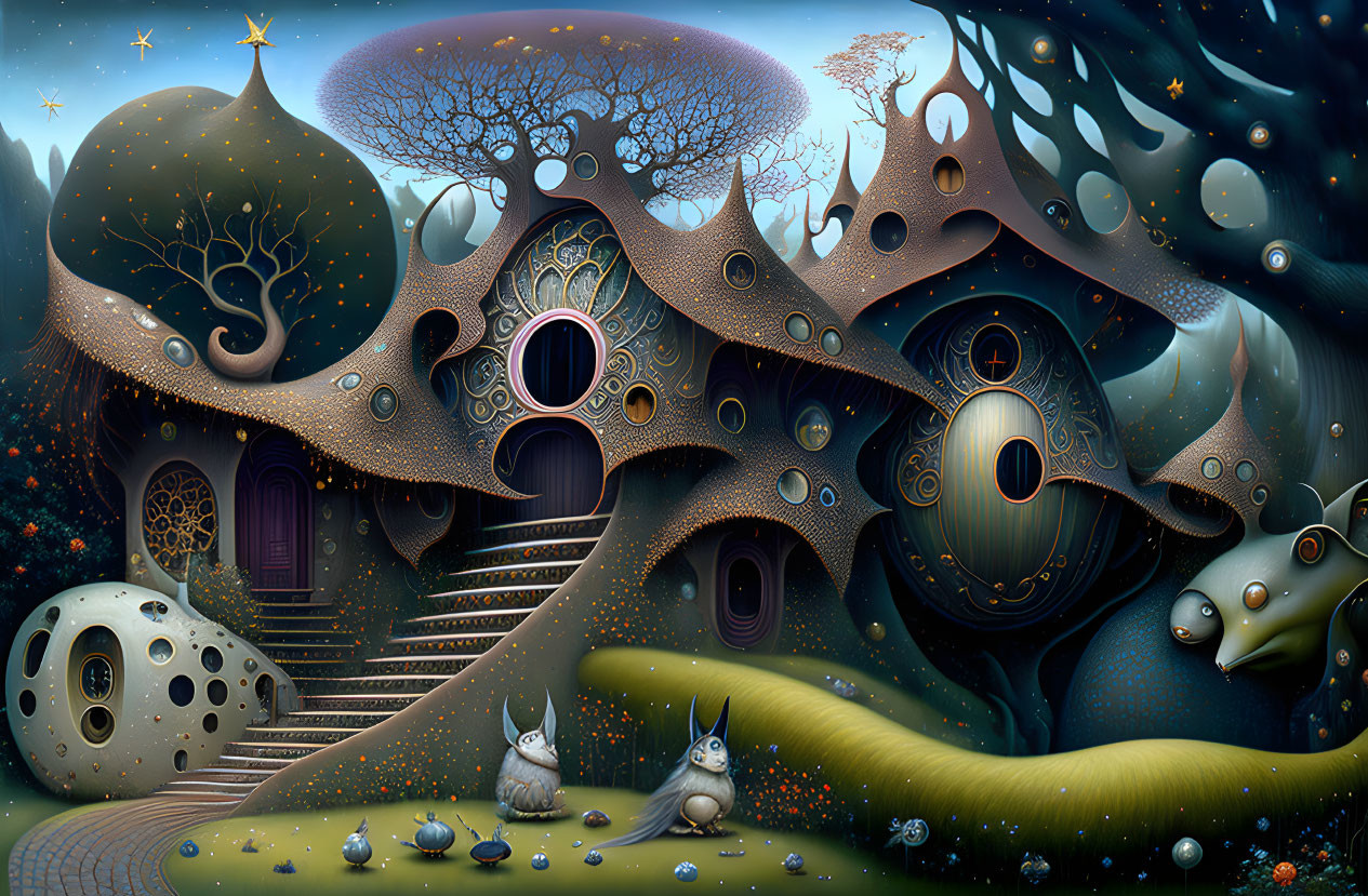 Fantasy landscape with mushroom houses, starry sky, enchanted trees, and whimsical creatures