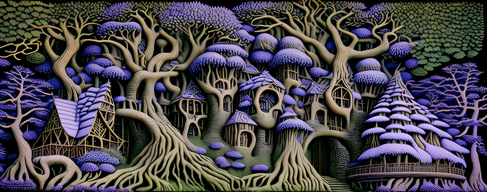 Stylized fantasy forest with purple, blue, and green hues