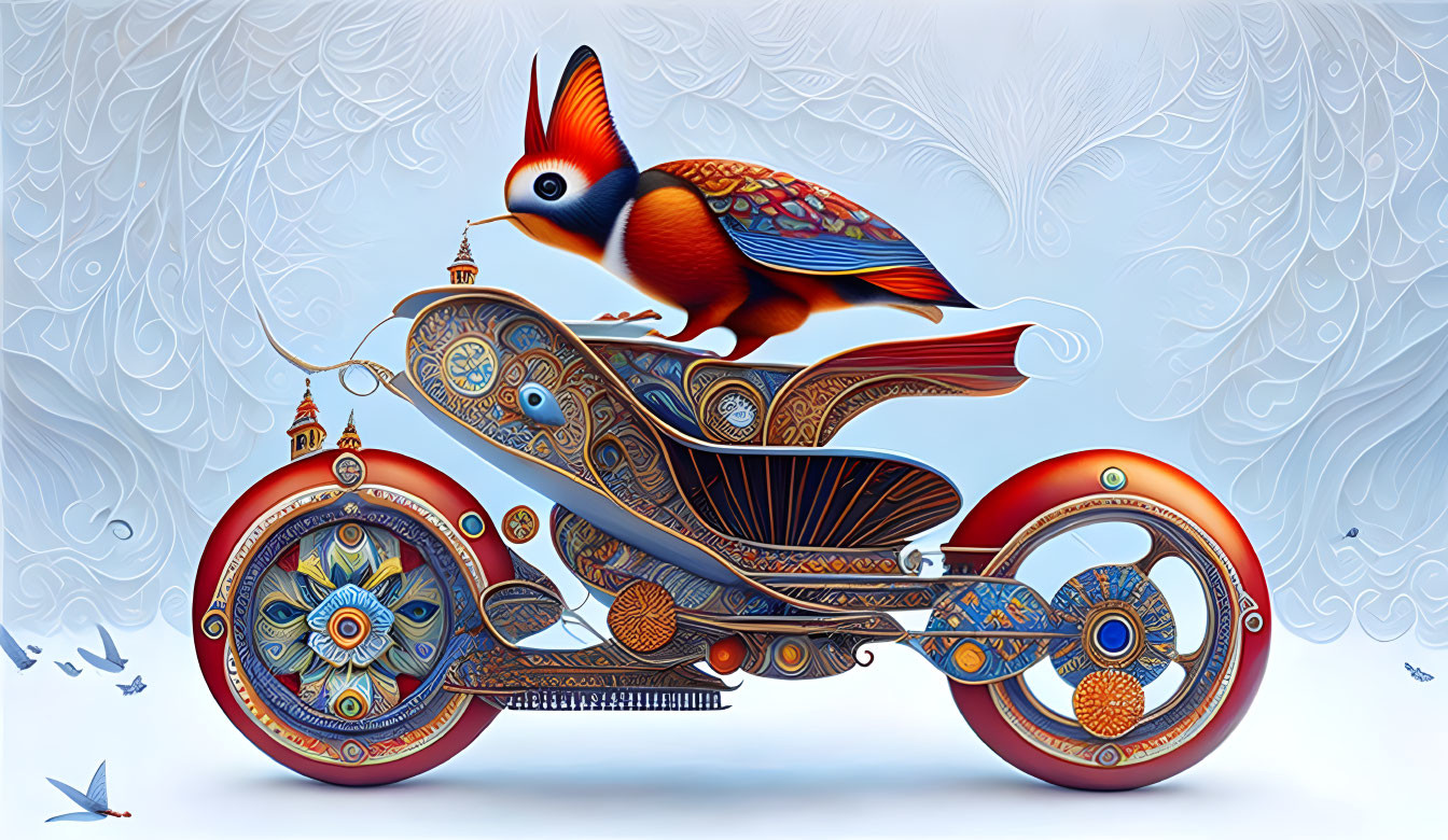 Colorful stylized bird on ornate motorcycle against blue swirl background