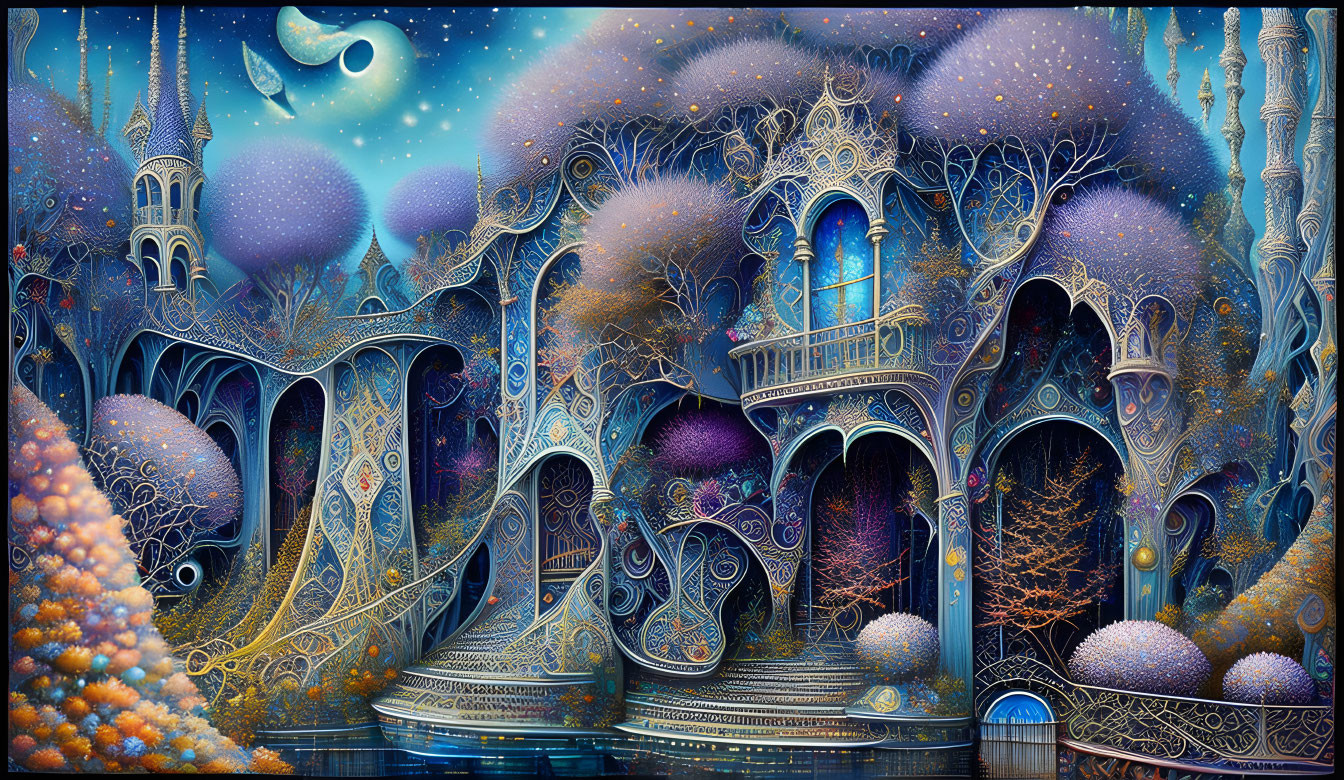 Fantastical nightscape with ornate tree-like structures and glowing windows